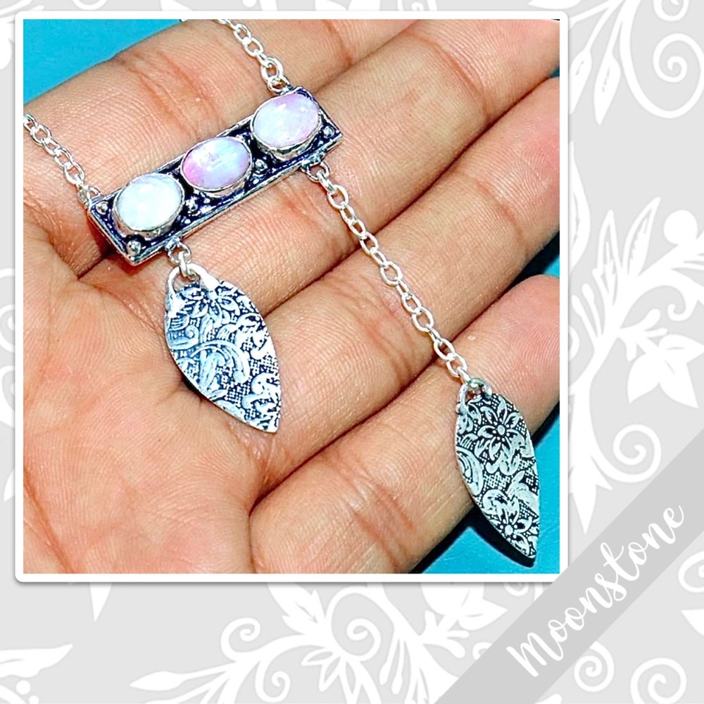 Rainbow Moonstone Silver Artisan Southwest Style Necklace 17” White, Pink & Blue